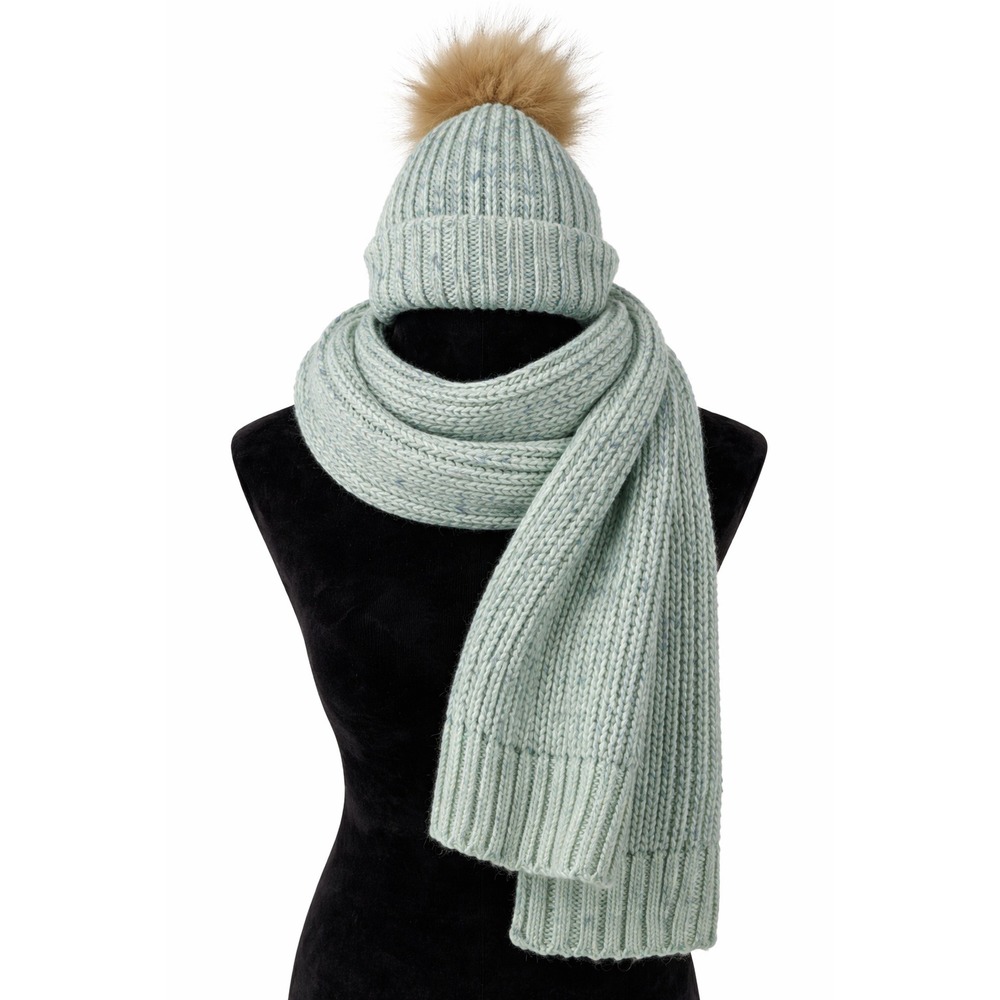 Ann‎ Taylor LOFT Womens Pom Pom Beanie Hat Scarf Set One Size Blue Green Knit